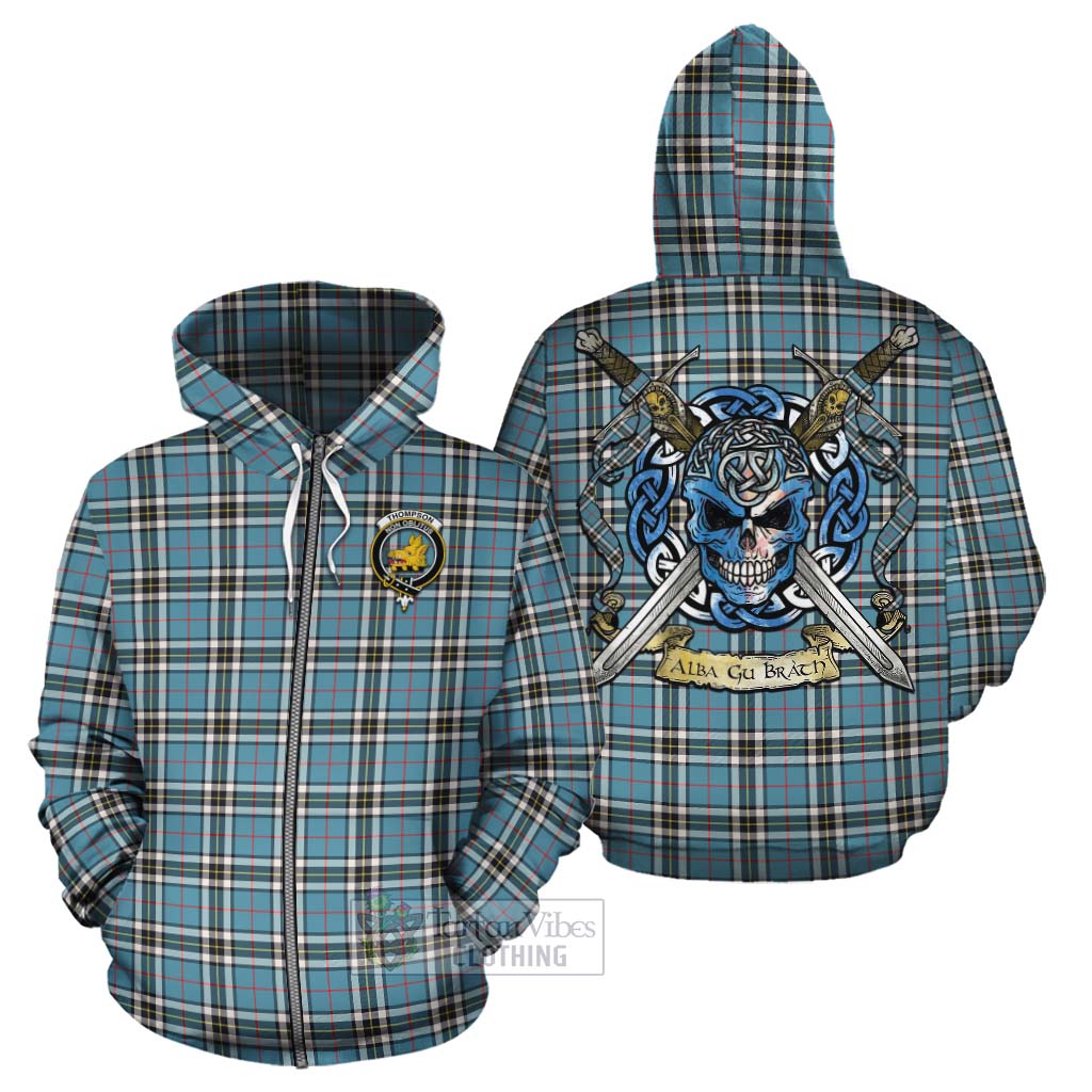 Tartan Vibes Clothing Thompson (Thomson) Tartan Cotton Hoodie with Family Crest Celtic Skull Style