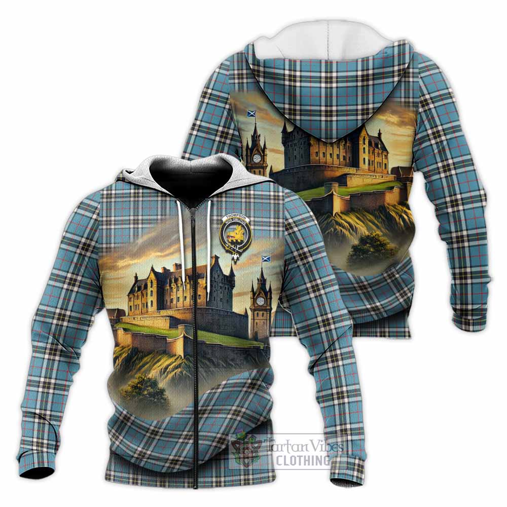 Tartan Vibes Clothing Thompson (Thomson) Tartan Family Crest Knitted Hoodie with Scottish Ancient Castle Style