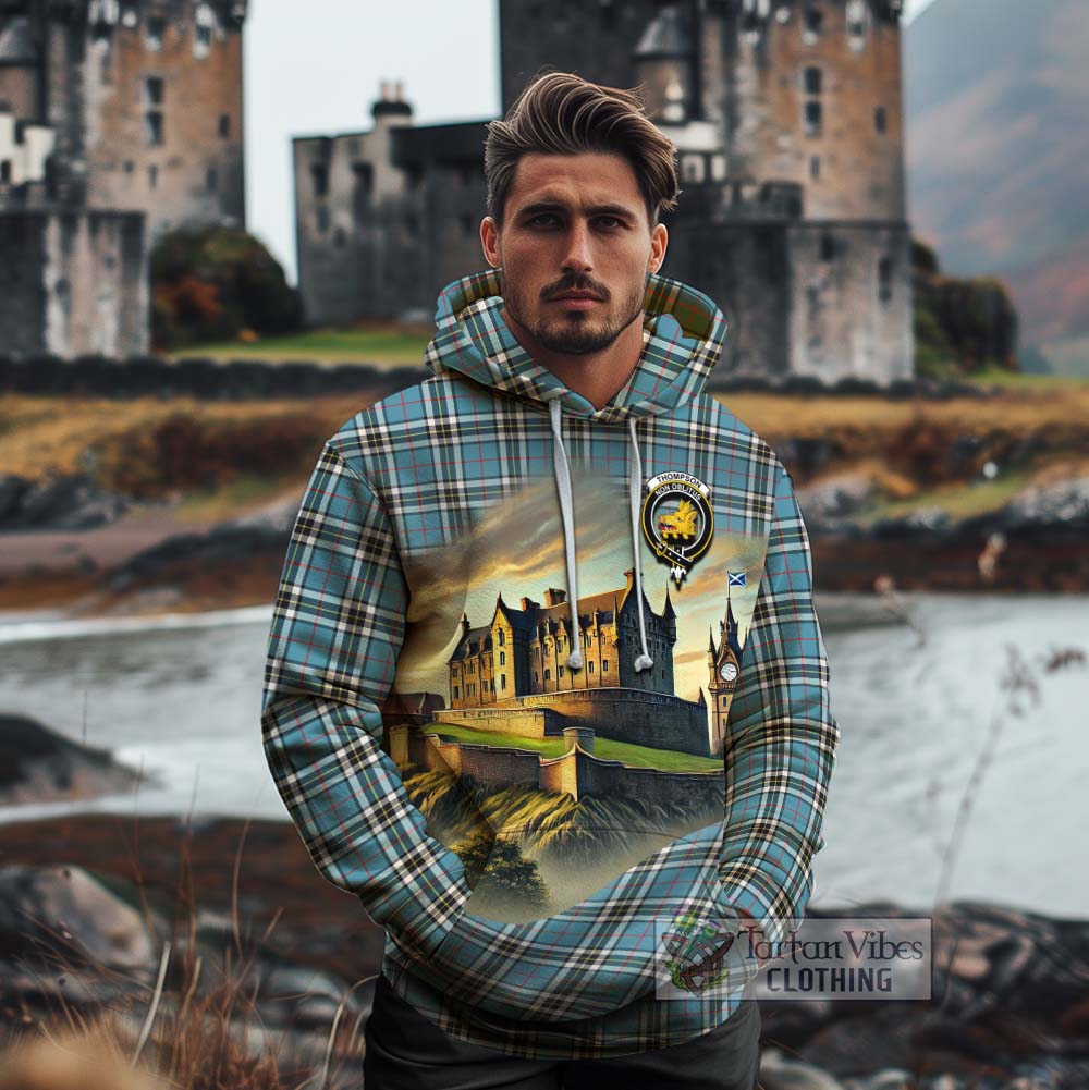Tartan Vibes Clothing Thompson (Thomson) Tartan Family Crest Cotton Hoodie with Scottish Ancient Castle Style