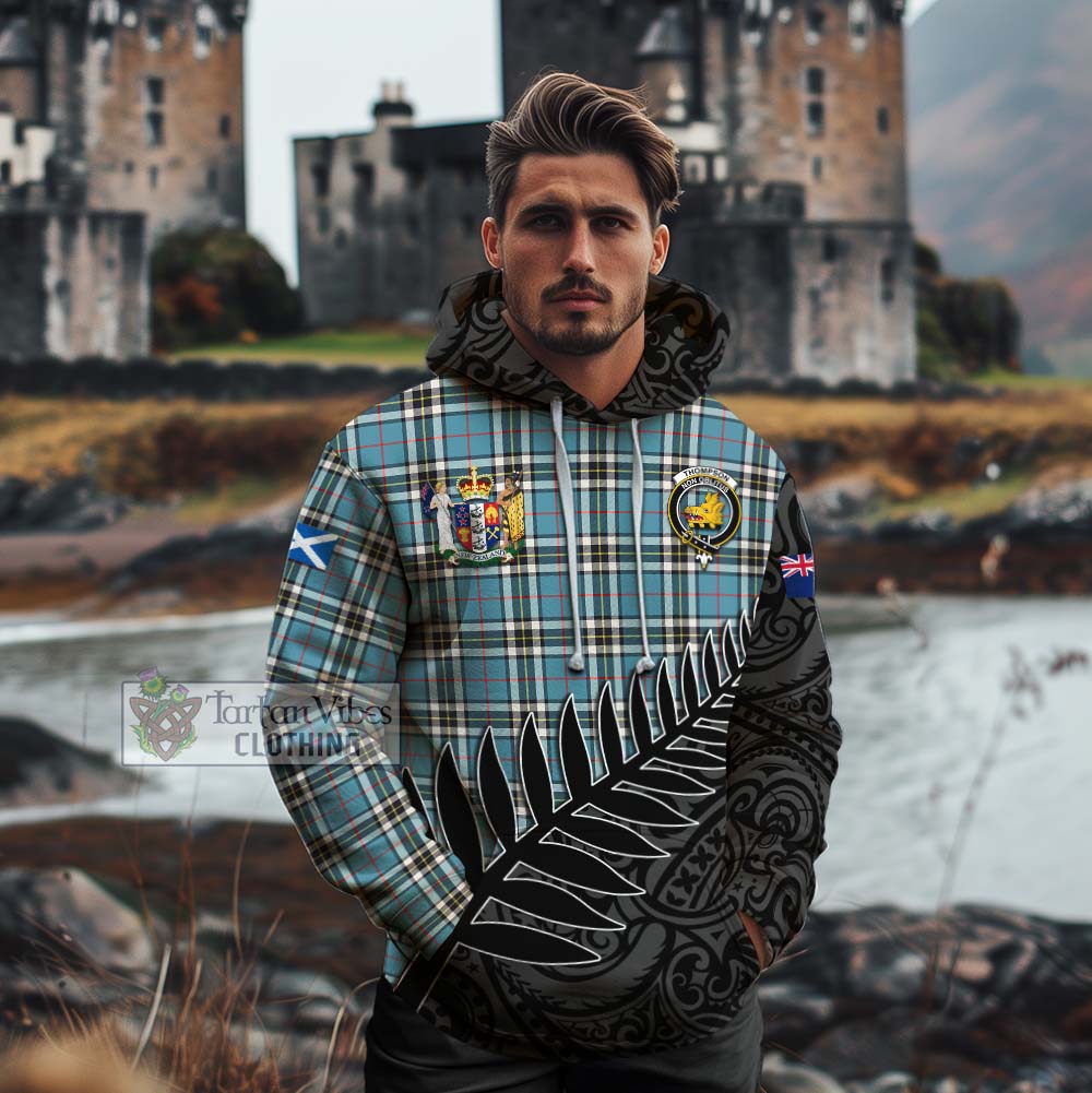 Tartan Vibes Clothing Thompson (Thomson) Crest Tartan Cotton Hoodie with New Zealand Silver Fern Half Style