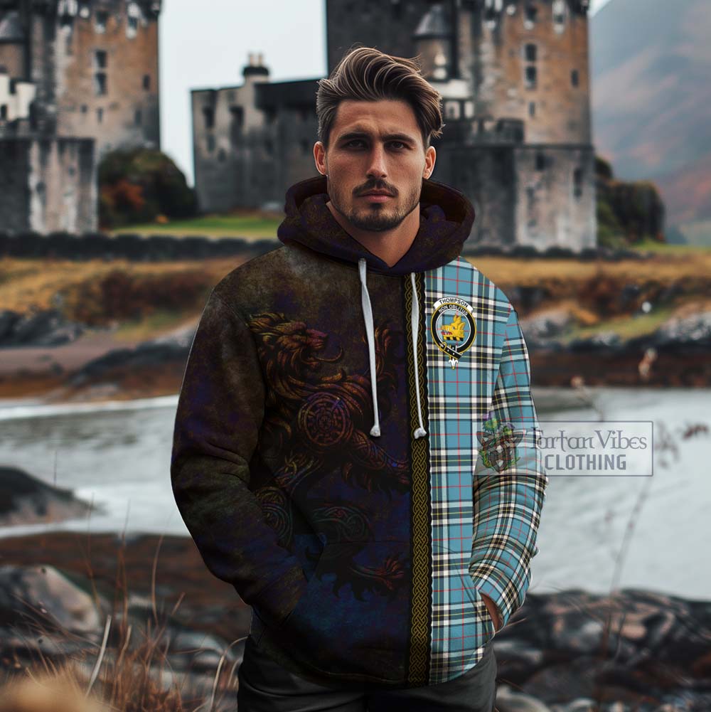 Tartan Vibes Clothing Thompson (Thomson) Tartan Family Crest Cotton Hoodie Alba Gu Brath Be Brave Lion Ancient Style