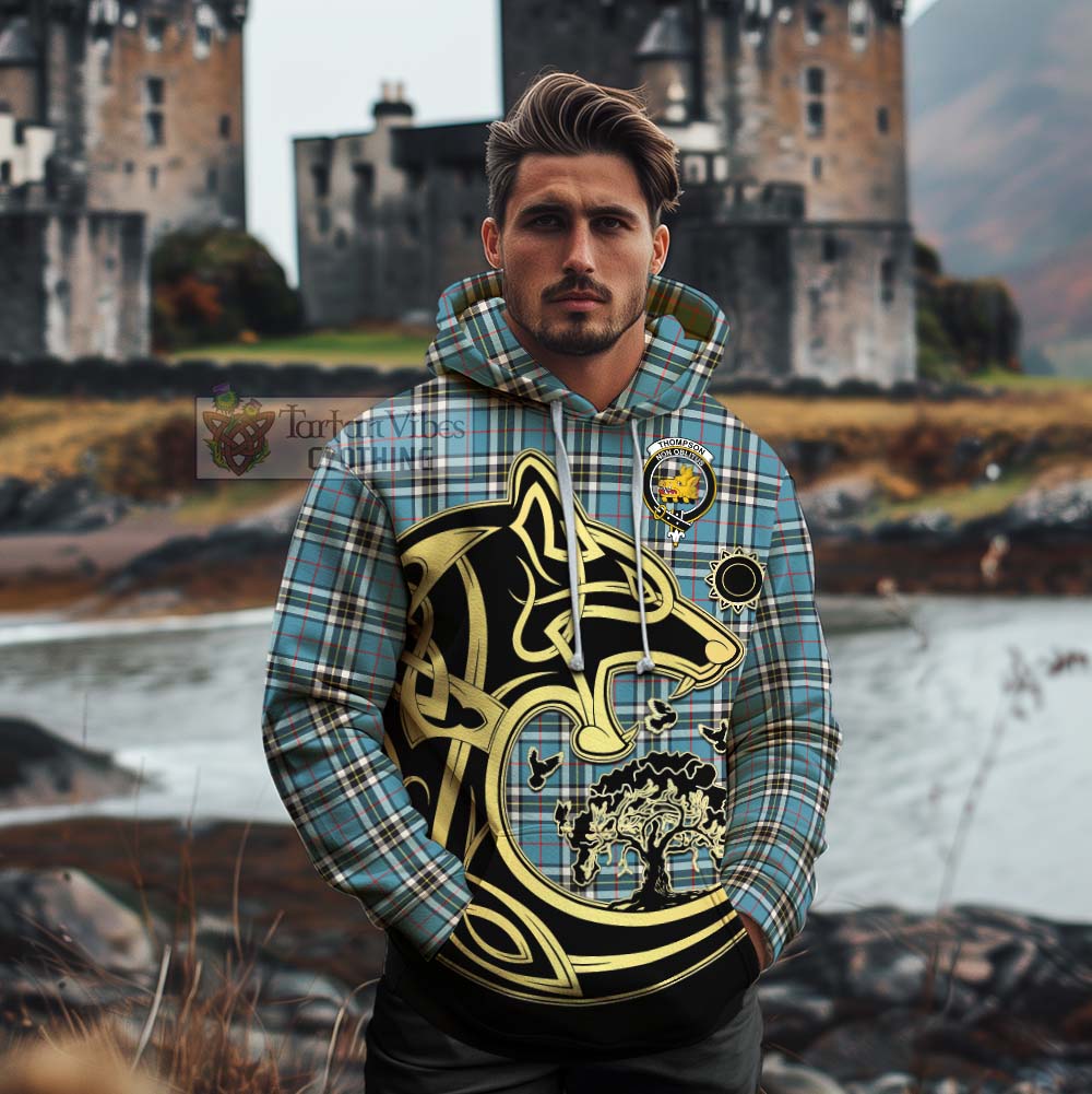 Tartan Vibes Clothing Thompson (Thomson) Tartan Cotton Hoodie with Family Crest Celtic Wolf Style