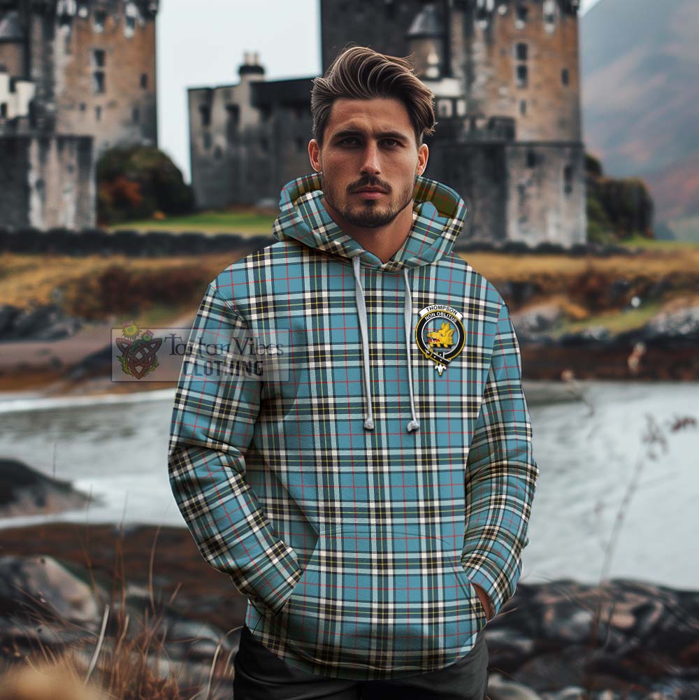 Tartan Vibes Clothing Thompson (Thomson) Tartan Cotton Hoodie with Family Crest Celtic Skull Style