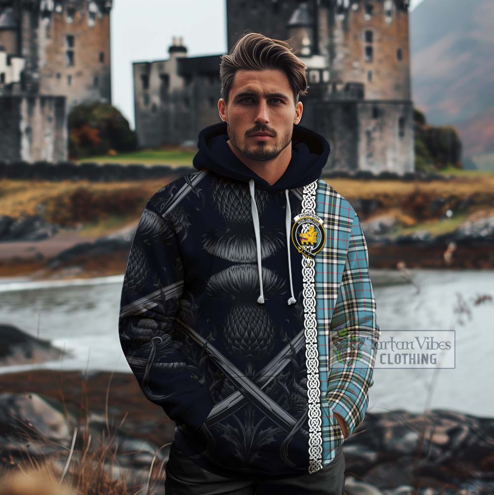 Tartan Vibes Clothing Thompson (Thomson) Tartan Cotton Hoodie with Family Crest Cross Sword Thistle Celtic Vibes