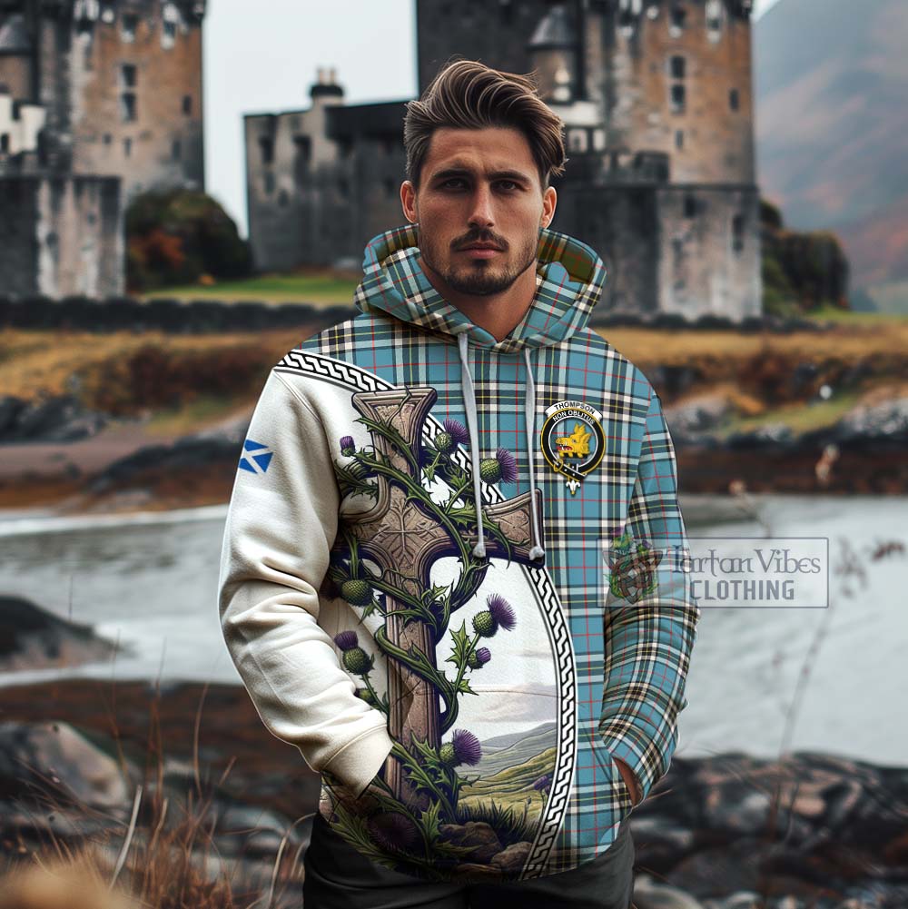 Tartan Vibes Clothing Thompson (Thomson) Tartan Cotton Hoodie with Family Crest and St. Andrew's Cross Accented by Thistle Vines