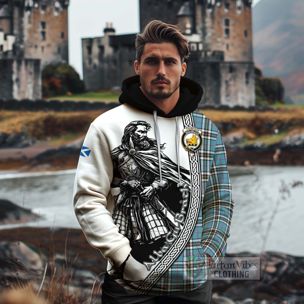 Tartan Vibes Clothing Thompson (Thomson) Tartan Clan Crest Cotton Hoodie with Highlander Warrior Celtic Style