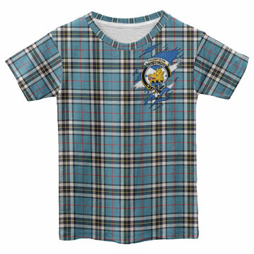 Thompson (Thomson) Clan Crest In Me Tartan Kid T-shirt Scotland Flag Style