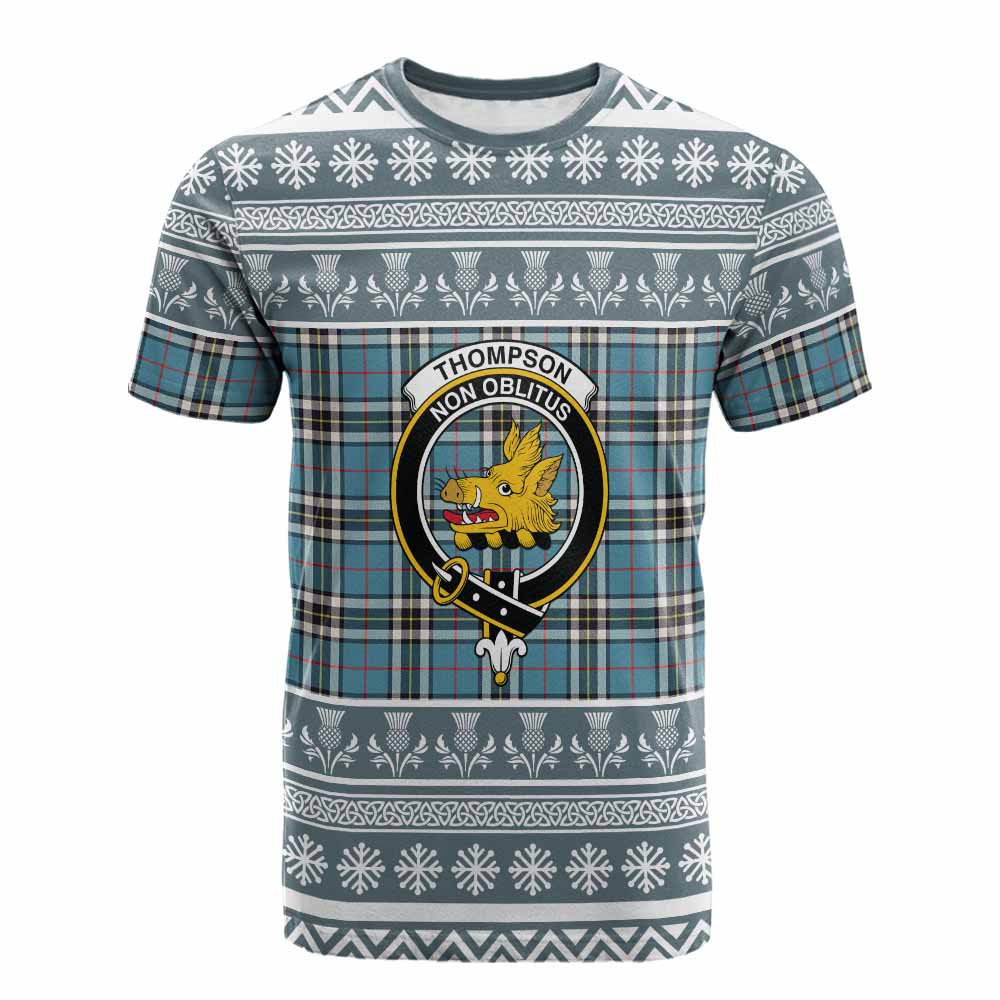 Thompson (Thomson) Clan Tartan Christmas Cotton T-shirt with Family Crest - Tartan Vibes Clothing