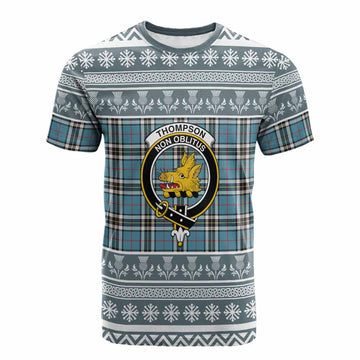 Thompson (Thomson) Clan Tartan Christmas Cotton T-shirt with Family Crest