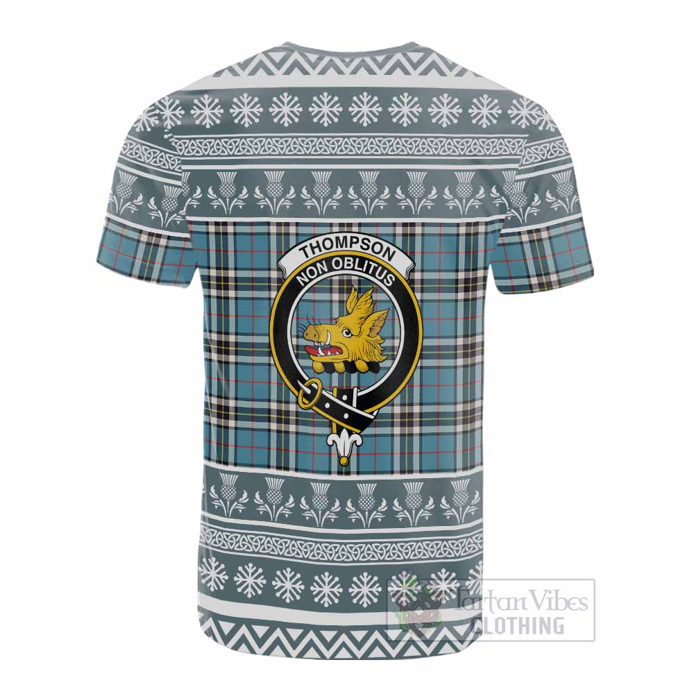 Thompson (Thomson) Clan Tartan Christmas Cotton T-shirt with Family Crest - Tartan Vibes Clothing