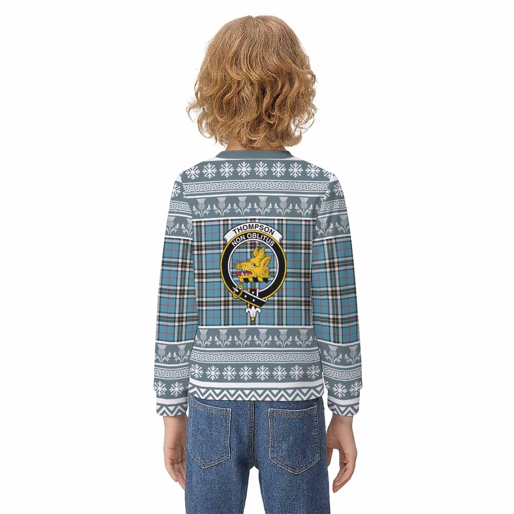 Thompson (Thomson) Clan Tartan Christmas Kid Ugly Sweatshirt with Family Crest - Tartan Vibes Clothing