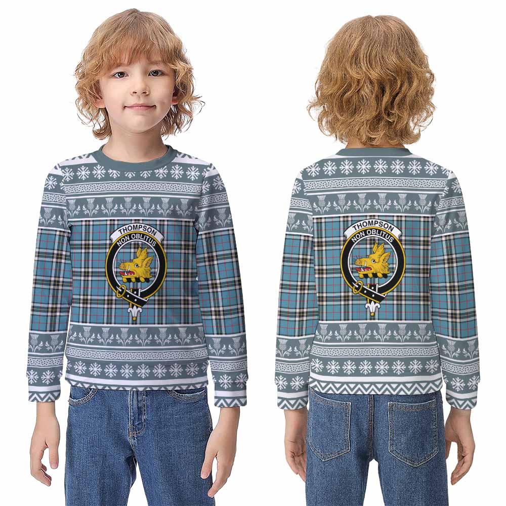 Thompson (Thomson) Clan Tartan Christmas Kid Ugly Sweatshirt with Family Crest - Tartan Vibes Clothing