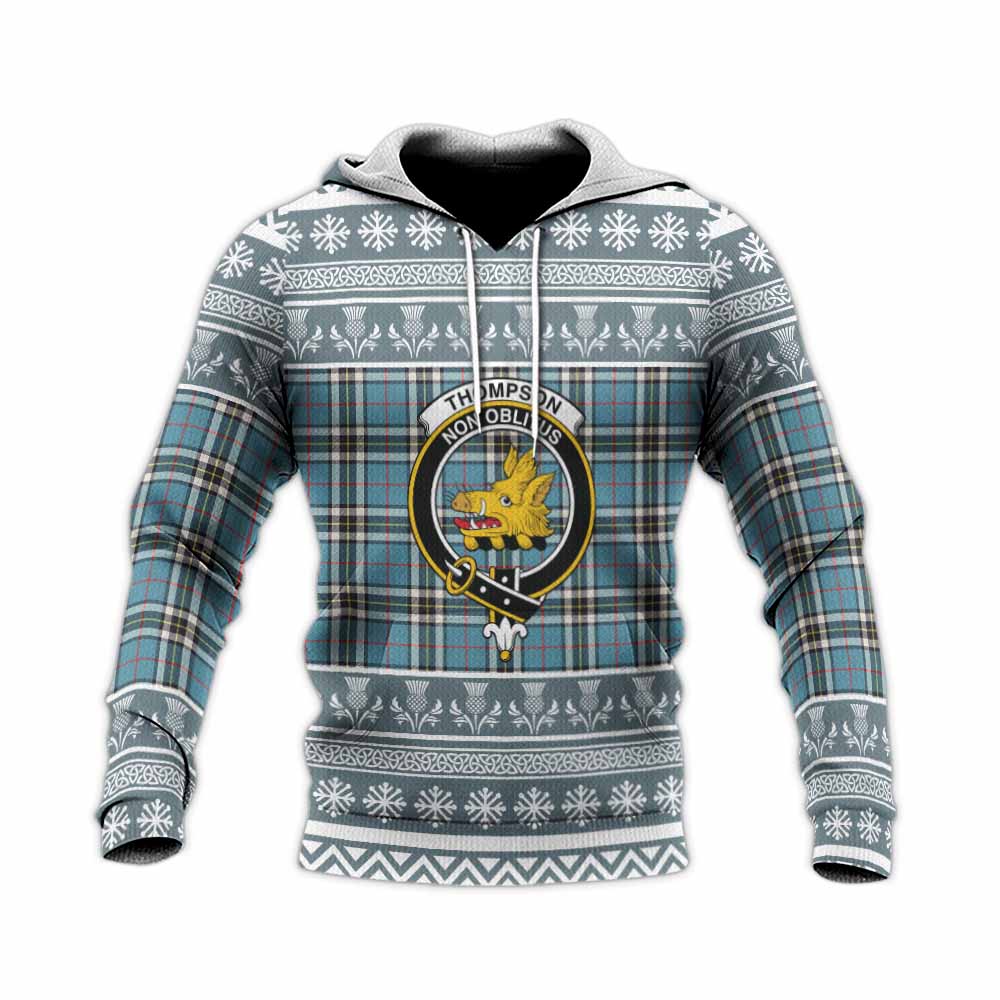 Thompson (Thomson) Clan Tartan Christmas Knitted Hoodie with Family Crest - Tartan Vibes Clothing