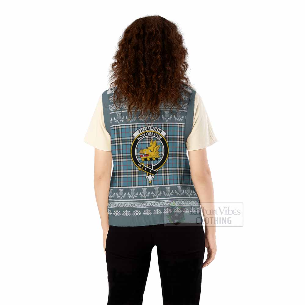 Thompson (Thomson) Clan Tartan Christmas Knitted V-Neck Vest with Family Crest - Tartan Vibes Clothing