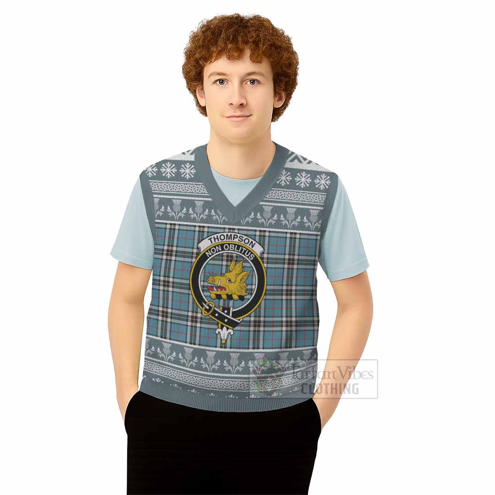 Thompson (Thomson) Clan Tartan Christmas Knitted V-Neck Vest with Family Crest - Tartan Vibes Clothing