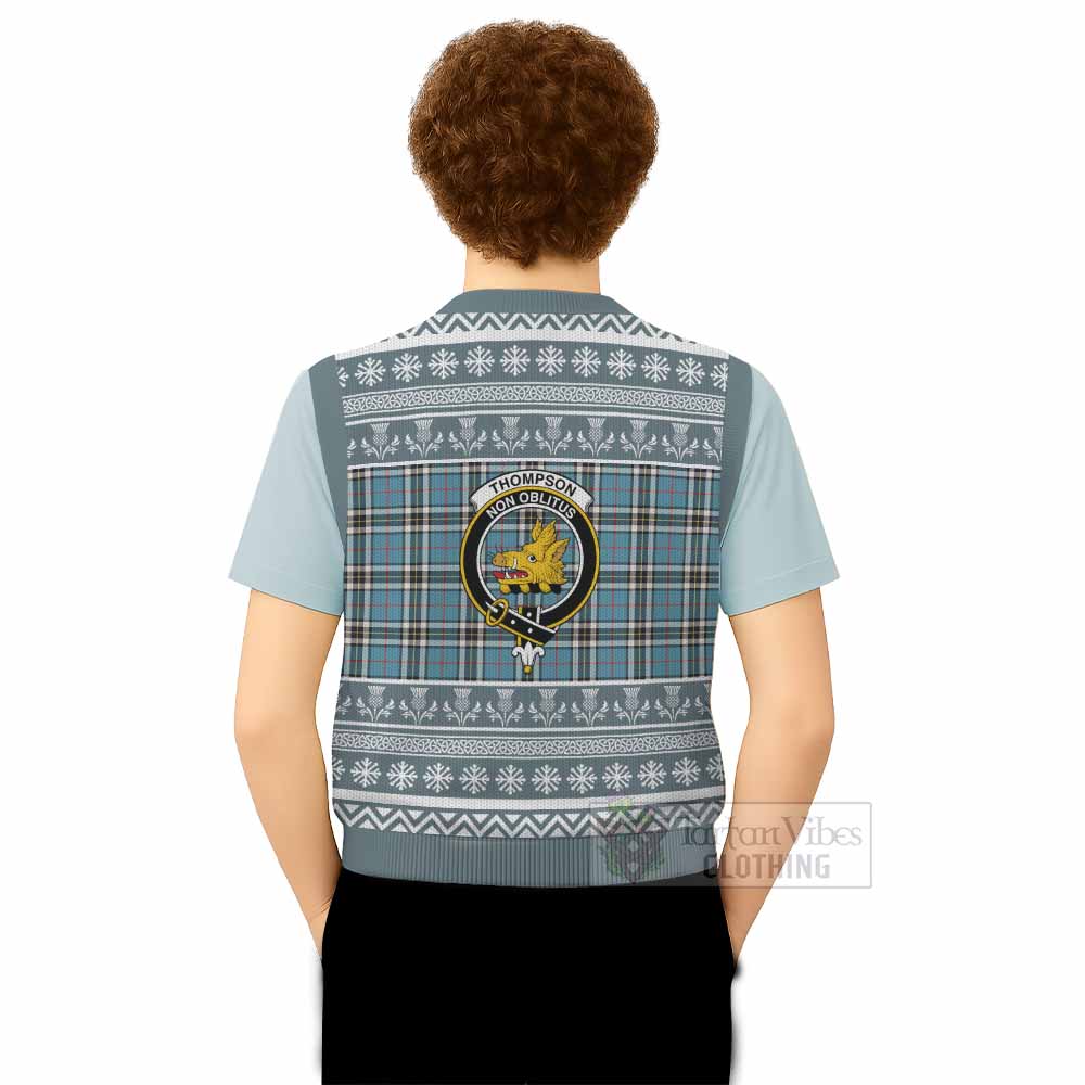 Thompson (Thomson) Clan Tartan Christmas Knitted V-Neck Vest with Family Crest - Tartan Vibes Clothing