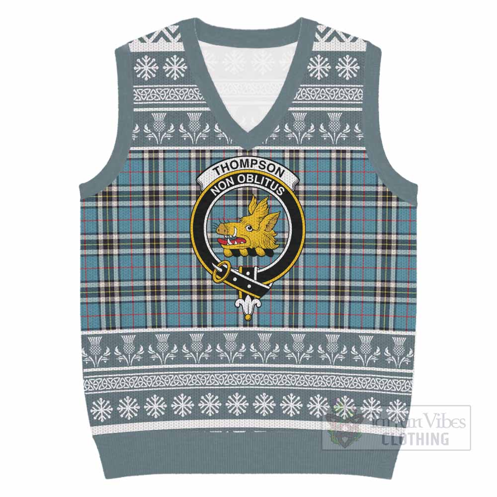 Thompson (Thomson) Clan Tartan Christmas Knitted V-Neck Vest with Family Crest - Tartan Vibes Clothing