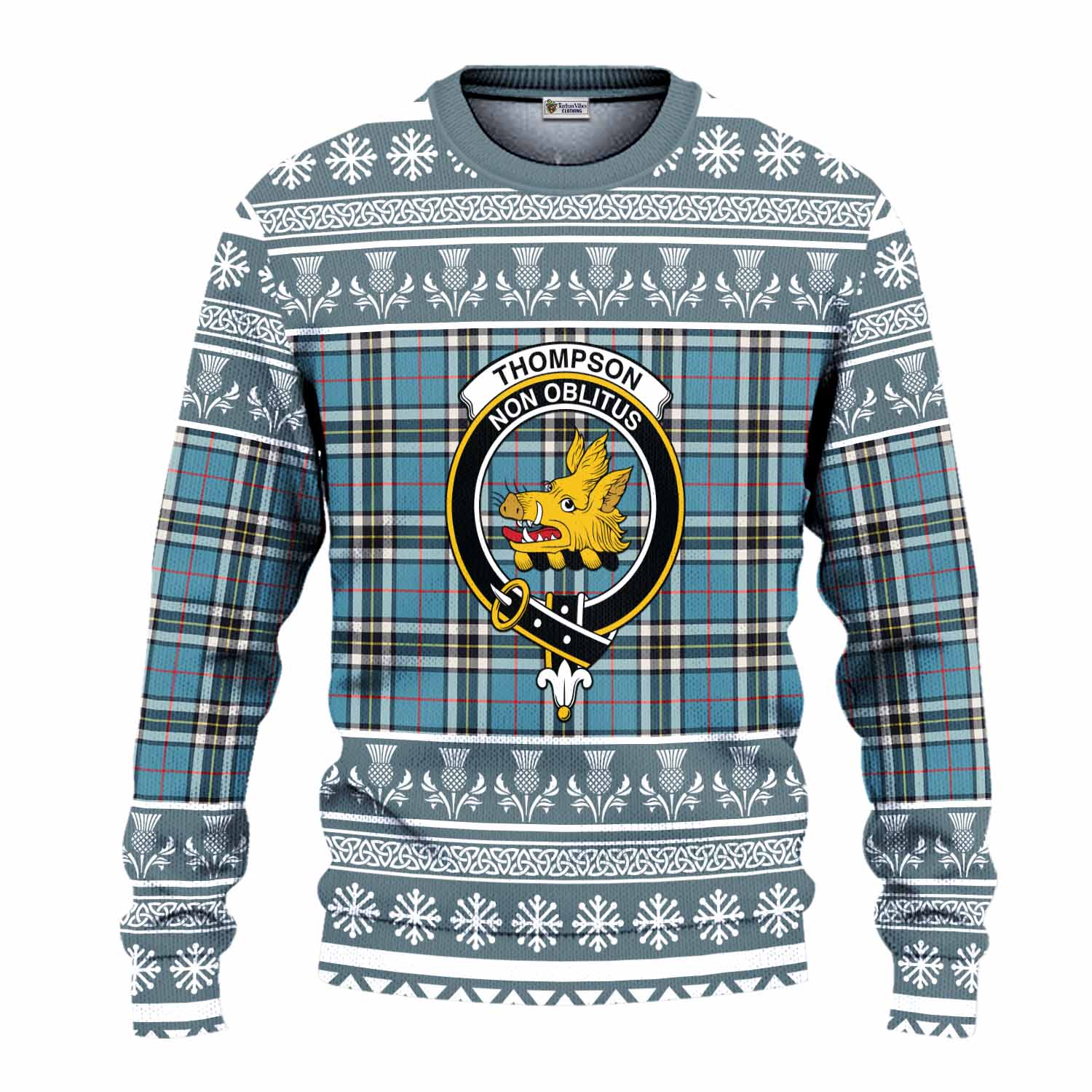 Thompson (Thomson) Clan Tartan Christmas Ugly Sweater with Family Crest - Tartan Vibes Clothing