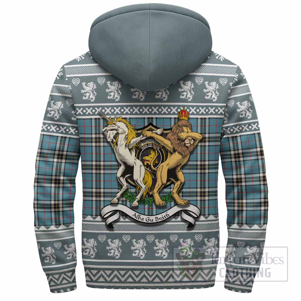 Thompson (Thomson) Clan Tartan Crest Christmas Fleece Hoodie Coat of Arms Funny Style - Tartan Vibes Clothing