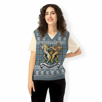 Thompson (Thomson) Clan Tartan Crest Christmas Knitted V-Neck Vest Coat of Arms Funny Style - Tartan Vibes Clothing