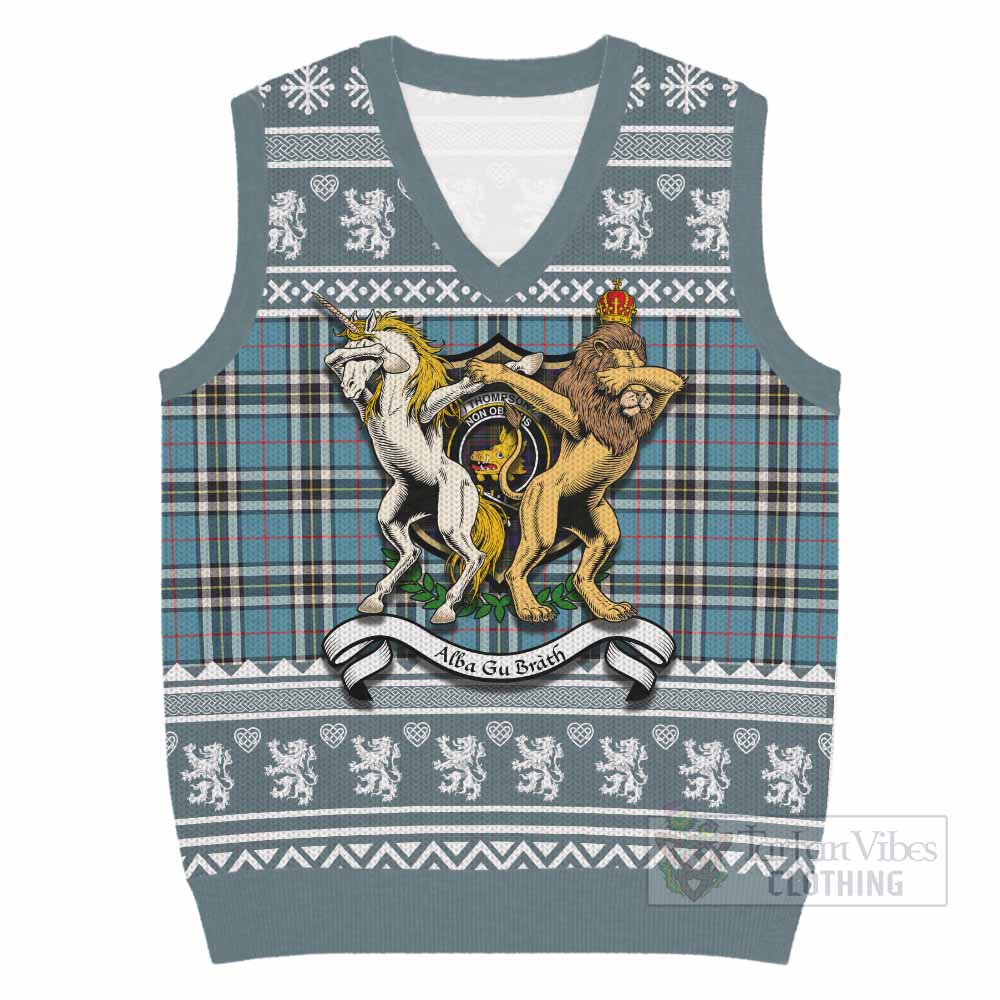 Thompson (Thomson) Clan Tartan Crest Christmas Knitted V-Neck Vest Coat of Arms Funny Style - Tartan Vibes Clothing