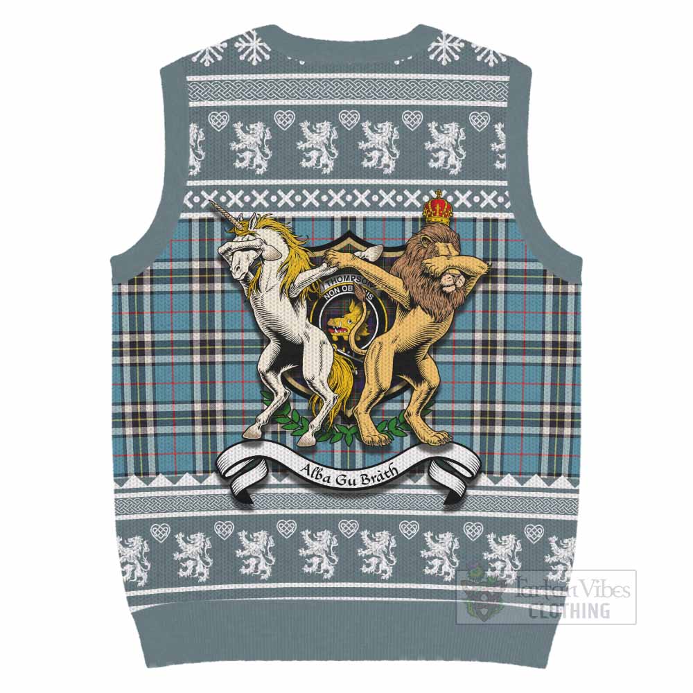 Thompson (Thomson) Clan Tartan Crest Christmas Knitted V-Neck Vest Coat of Arms Funny Style - Tartan Vibes Clothing