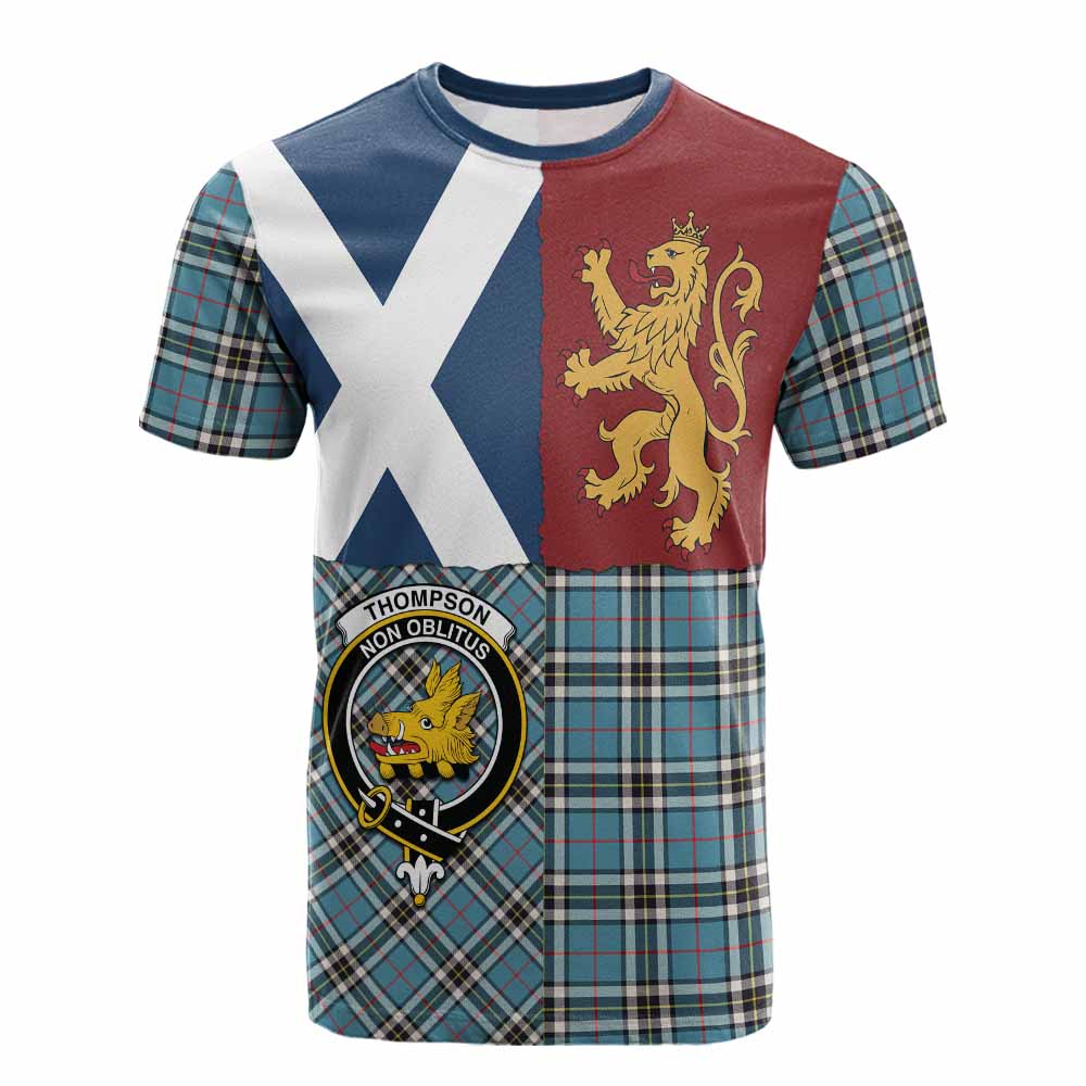 Thompson (Thomson) Crest Tartan Cotton T-shirt with Lion Rampant Saltire Style - Tartan Vibes Clothing