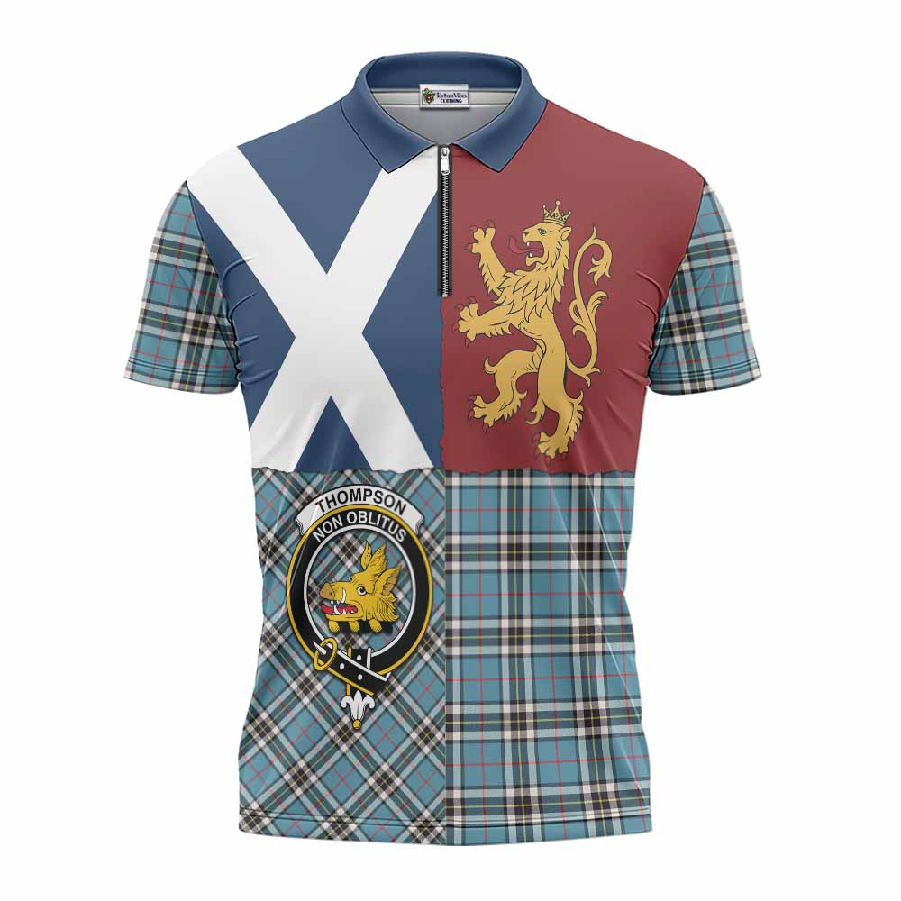 Thompson (Thomson) Crest Tartan Zipper Polo Shirt with Lion Rampant Saltire Style