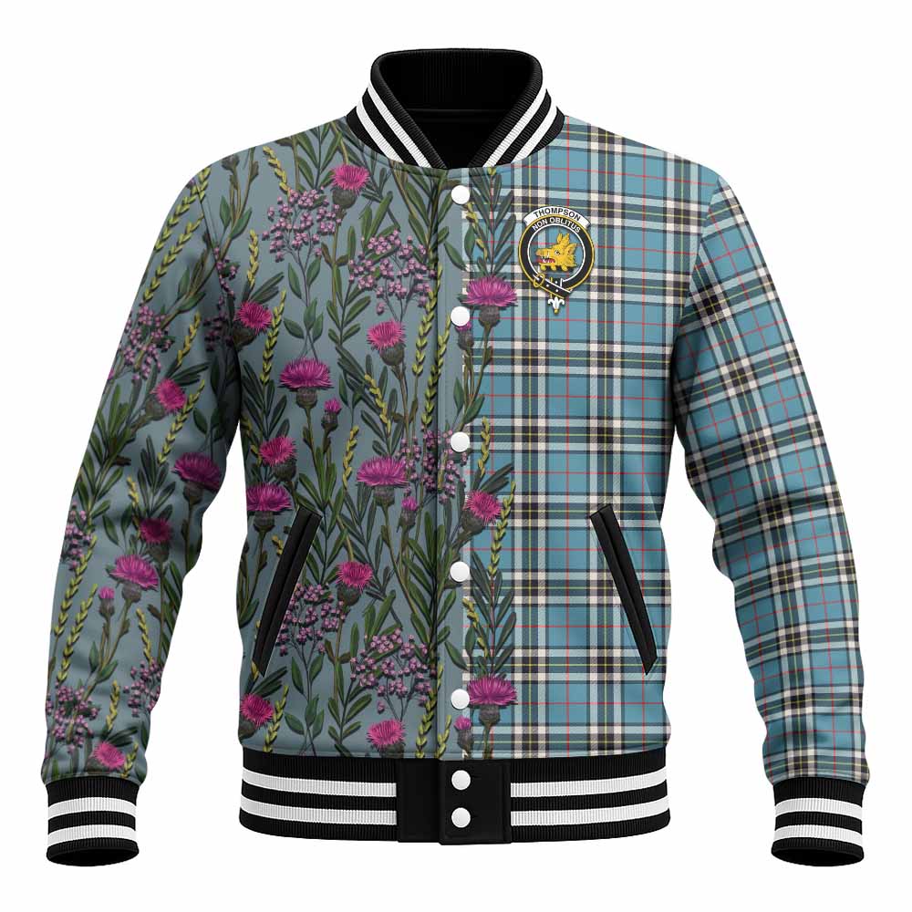 Thompson (Thomson) Family Crest Tartan Baseball Jacket Scottish Thistle Flower Pattern Half Style - Tartan Vibes Clothing