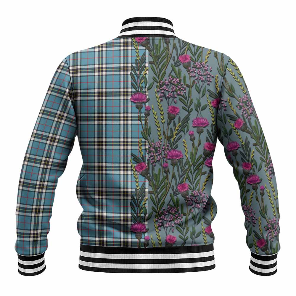 Thompson (Thomson) Family Crest Tartan Baseball Jacket Scottish Thistle Flower Pattern Half Style - Tartan Vibes Clothing