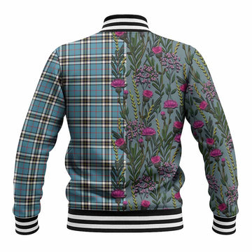 Thompson (Thomson) Family Crest Tartan Baseball Jacket Scottish Thistle Flower Pattern Half Style - Tartan Vibes Clothing