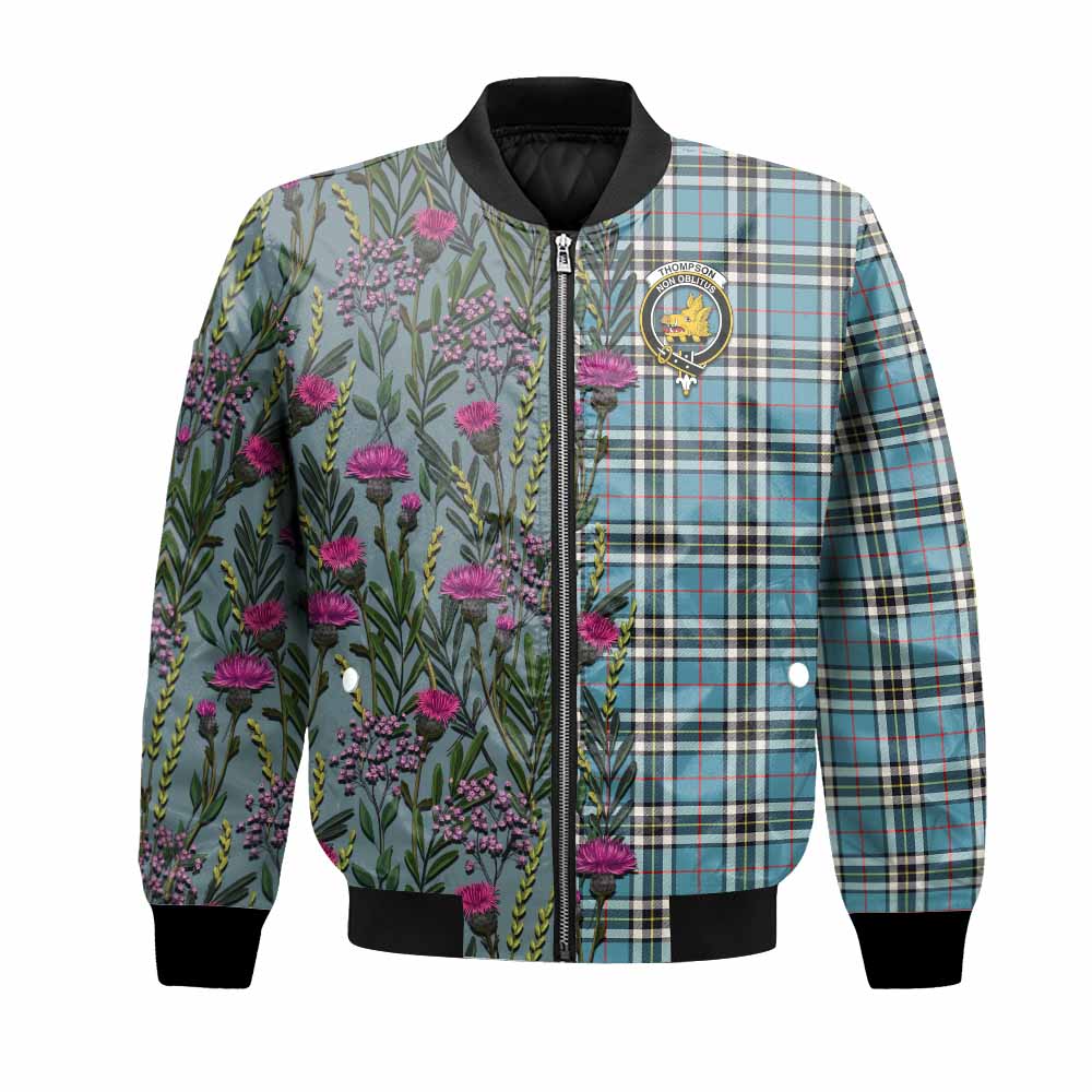 Thompson (Thomson) Family Crest Tartan Bomber Jacket Scottish Thistle Flower Pattern Half Style - Tartan Vibes Clothing