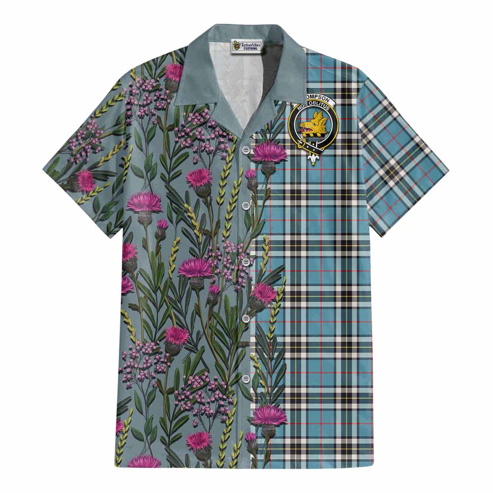 Thompson (Thomson) Family Crest Tartan Cotton Hawaiian Shirt Scottish Thistle Flower Pattern Half Style - Tartan Vibes Clothing