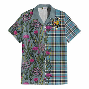 Thompson (Thomson) Family Crest Tartan Cotton Hawaiian Shirt Scottish Thistle Flower Pattern Half Style - Tartan Vibes Clothing