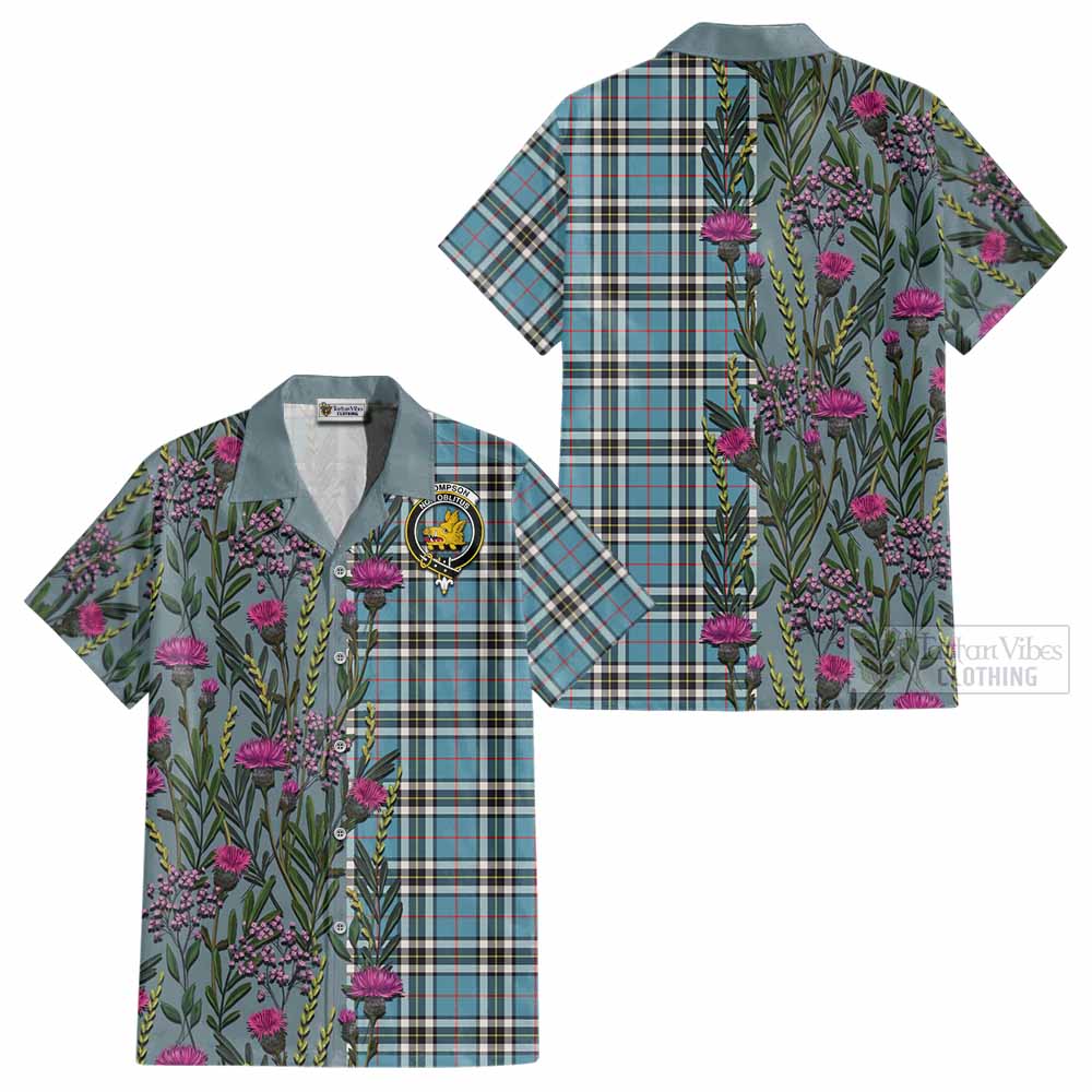 Thompson (Thomson) Family Crest Tartan Cotton Hawaiian Shirt Scottish Thistle Flower Pattern Half Style - Tartan Vibes Clothing