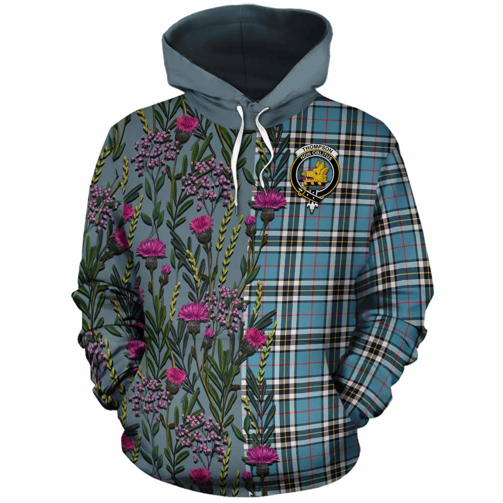 Thompson (Thomson) Family Crest Tartan Cotton Hoodie Scottish Thistle Flower Pattern Half Style - Tartan Vibes Clothing
