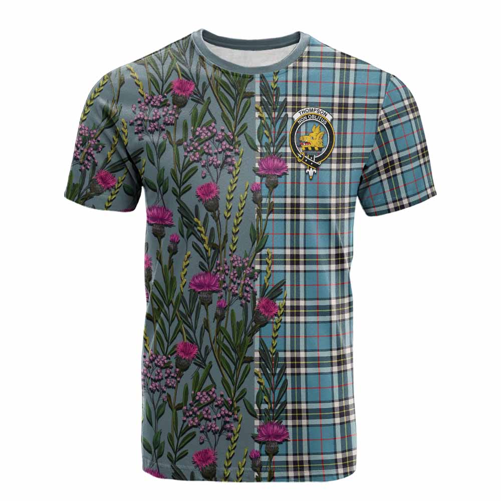 Thompson (Thomson) Family Crest Tartan Cotton T-shirt Scottish Thistle Flower Pattern Half Style - Tartan Vibes Clothing