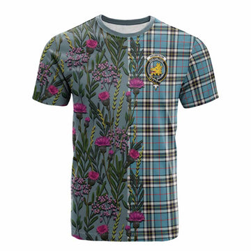 Thompson (Thomson) Family Crest Tartan Cotton T-shirt Scottish Thistle Flower Pattern Half Style