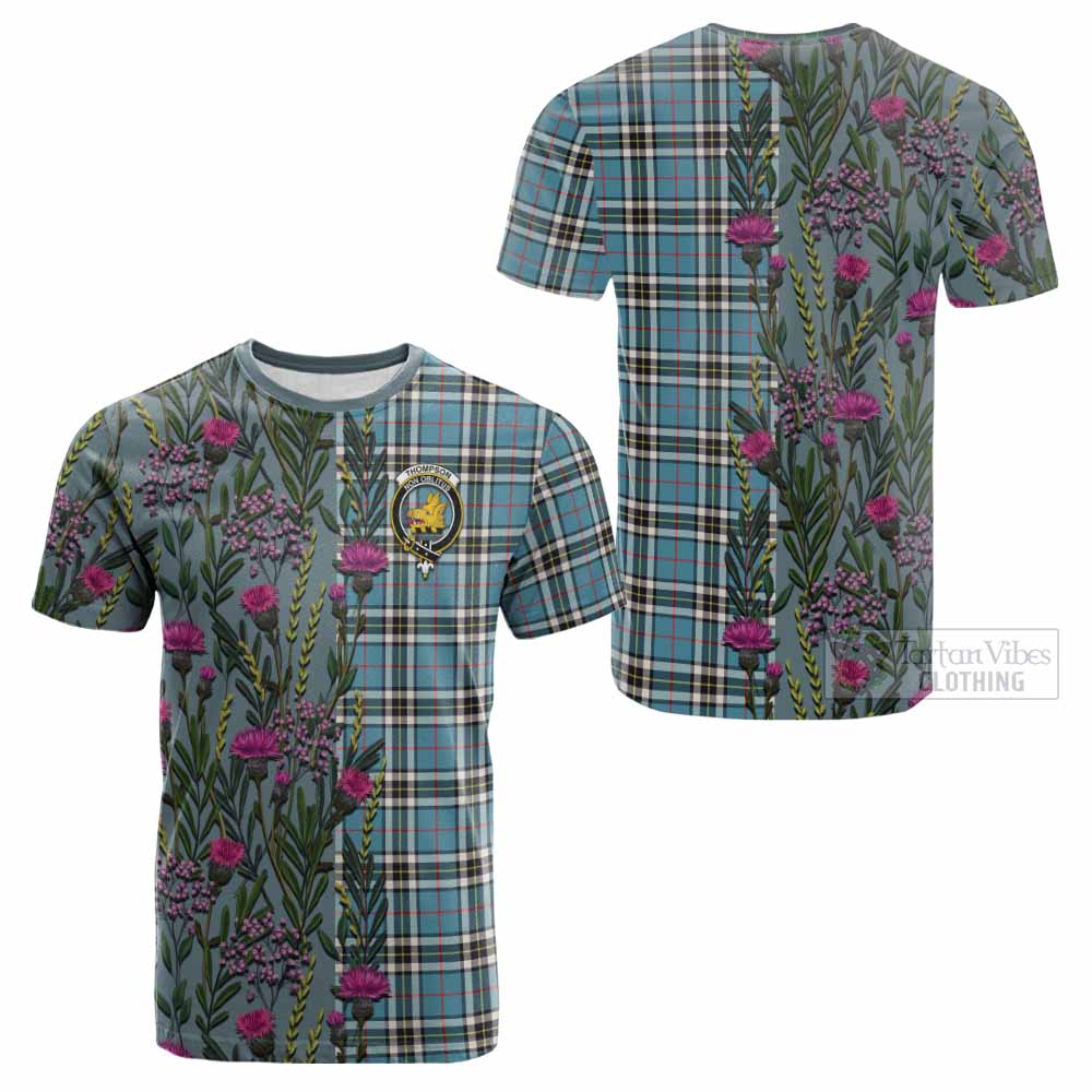 Thompson (Thomson) Family Crest Tartan Cotton T-shirt Scottish Thistle Flower Pattern Half Style - Tartan Vibes Clothing