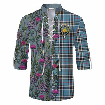 Thompson (Thomson) Family Crest Tartan Ghillie Shirt Scottish Thistle Flower Pattern Half Style - Tartan Vibes Clothing