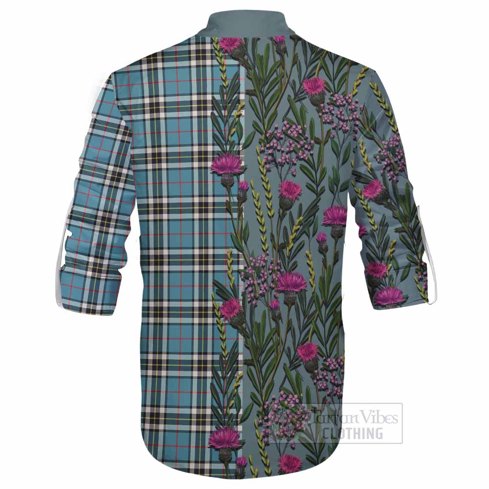 Thompson (Thomson) Family Crest Tartan Ghillie Shirt Scottish Thistle Flower Pattern Half Style - Tartan Vibes Clothing