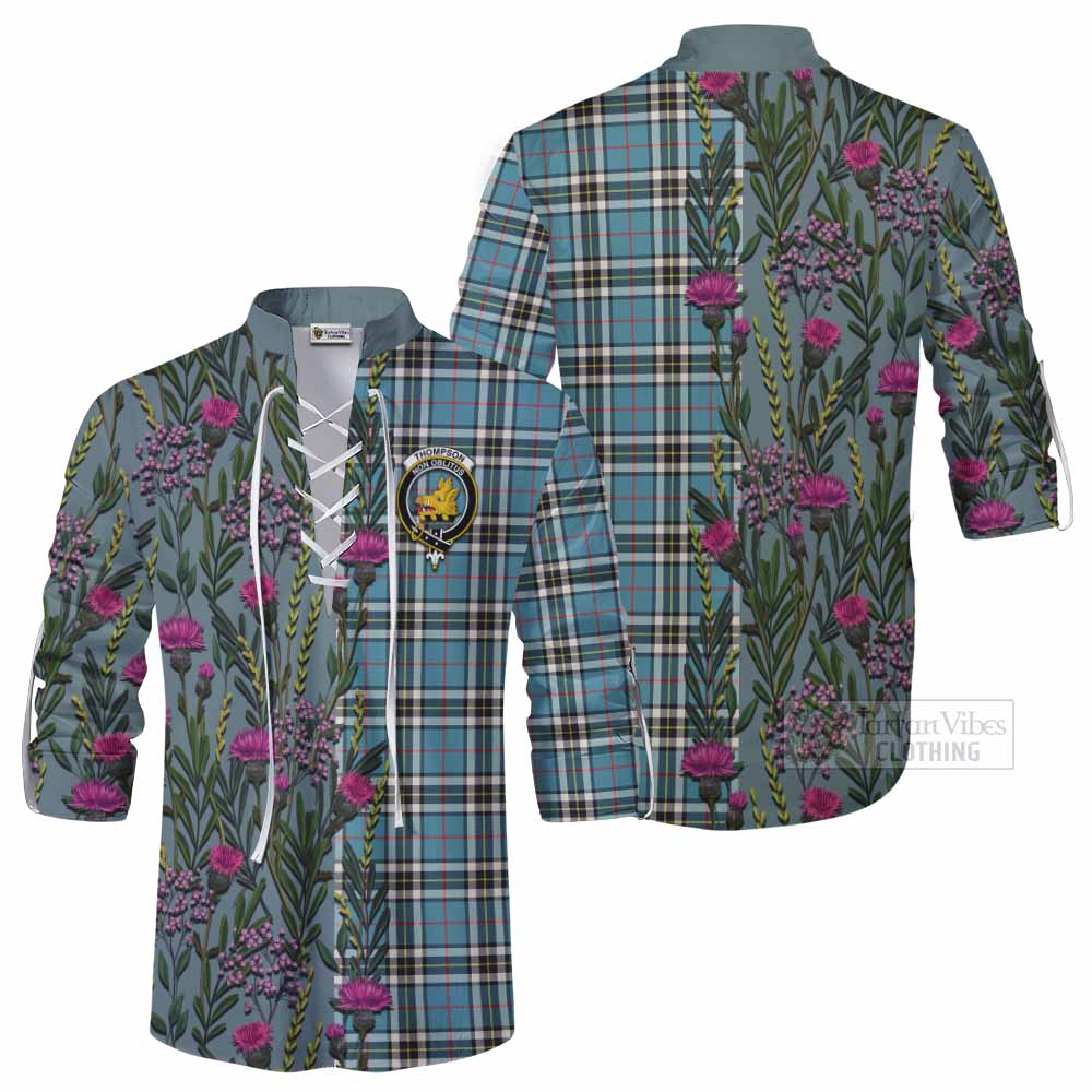 Thompson (Thomson) Family Crest Tartan Ghillie Shirt Scottish Thistle Flower Pattern Half Style - Tartan Vibes Clothing