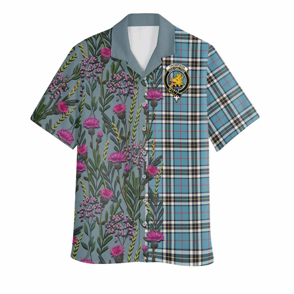 Thompson (Thomson) Family Crest Tartan Hawaiian Shirt Scottish Thistle Flower Pattern Half Style - Tartan Vibes Clothing