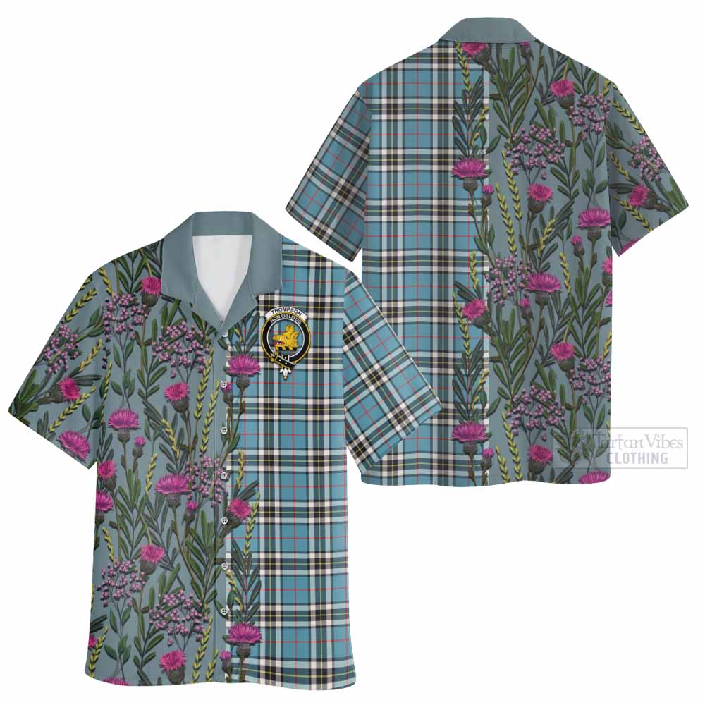 Thompson (Thomson) Family Crest Tartan Hawaiian Shirt Scottish Thistle Flower Pattern Half Style - Tartan Vibes Clothing