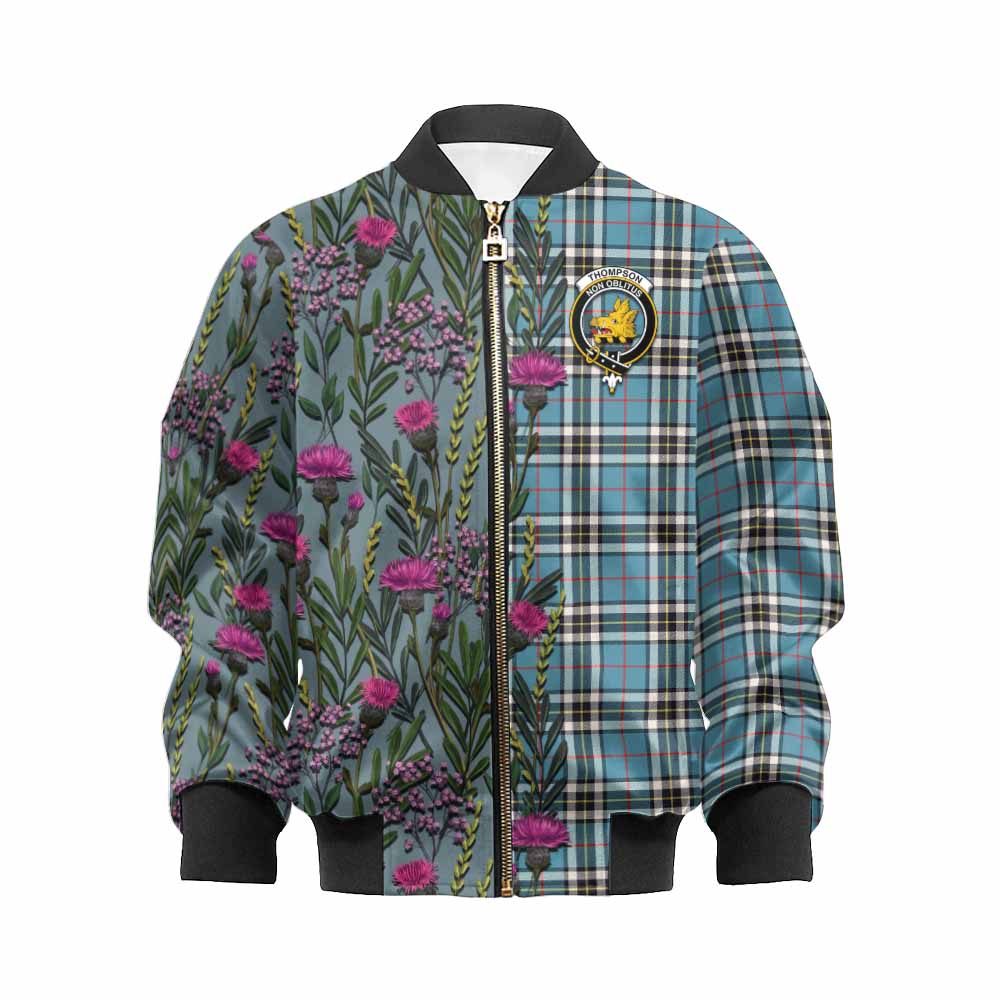 Thompson (Thomson) Family Crest Tartan Kid Bomber Jacket Scottish Thistle Flower Pattern Half Style - Tartan Vibes Clothing