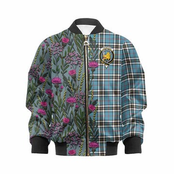 Thompson (Thomson) Family Crest Tartan Kid Bomber Jacket Scottish Thistle Flower Pattern Half Style - Tartan Vibes Clothing