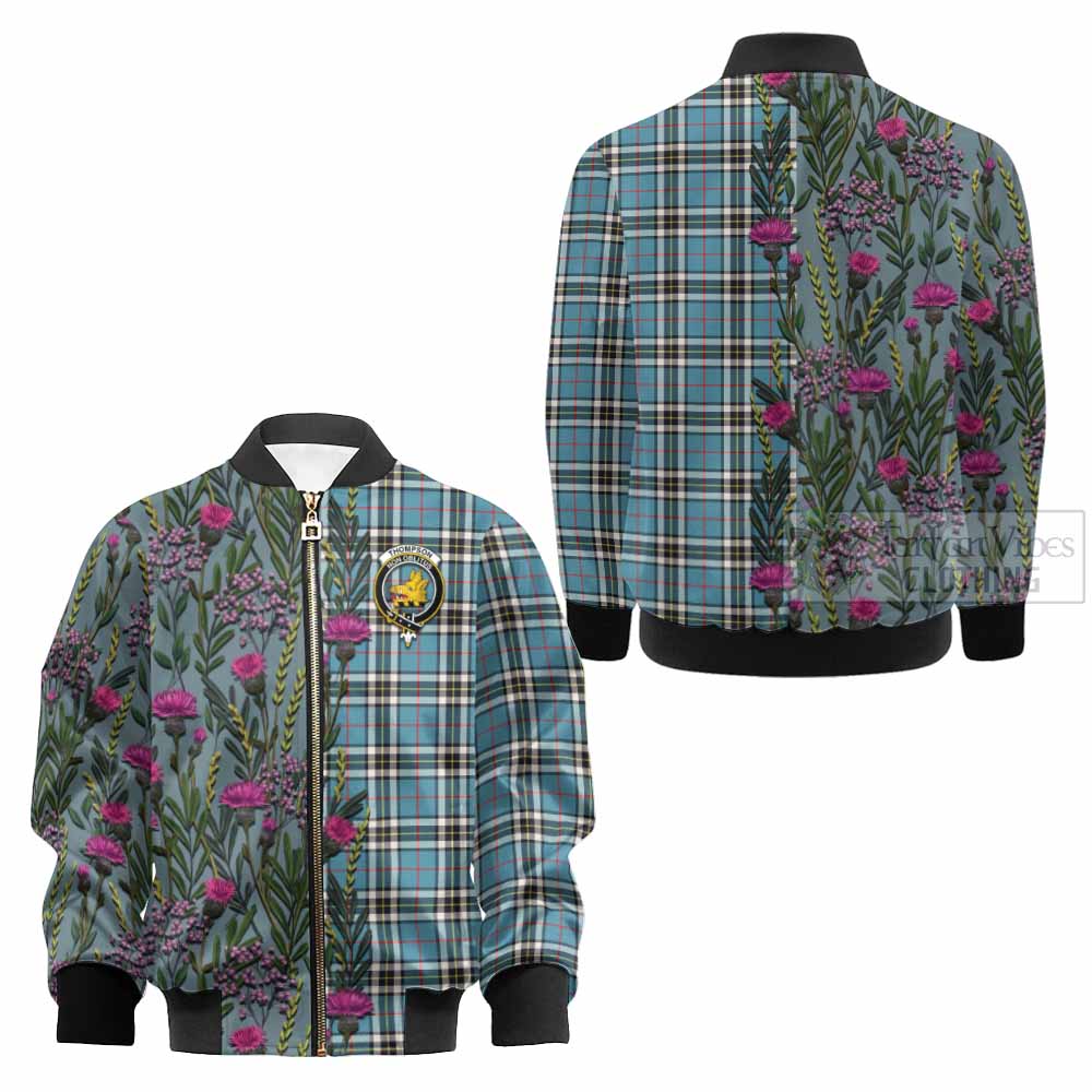 Thompson (Thomson) Family Crest Tartan Kid Bomber Jacket Scottish Thistle Flower Pattern Half Style - Tartan Vibes Clothing