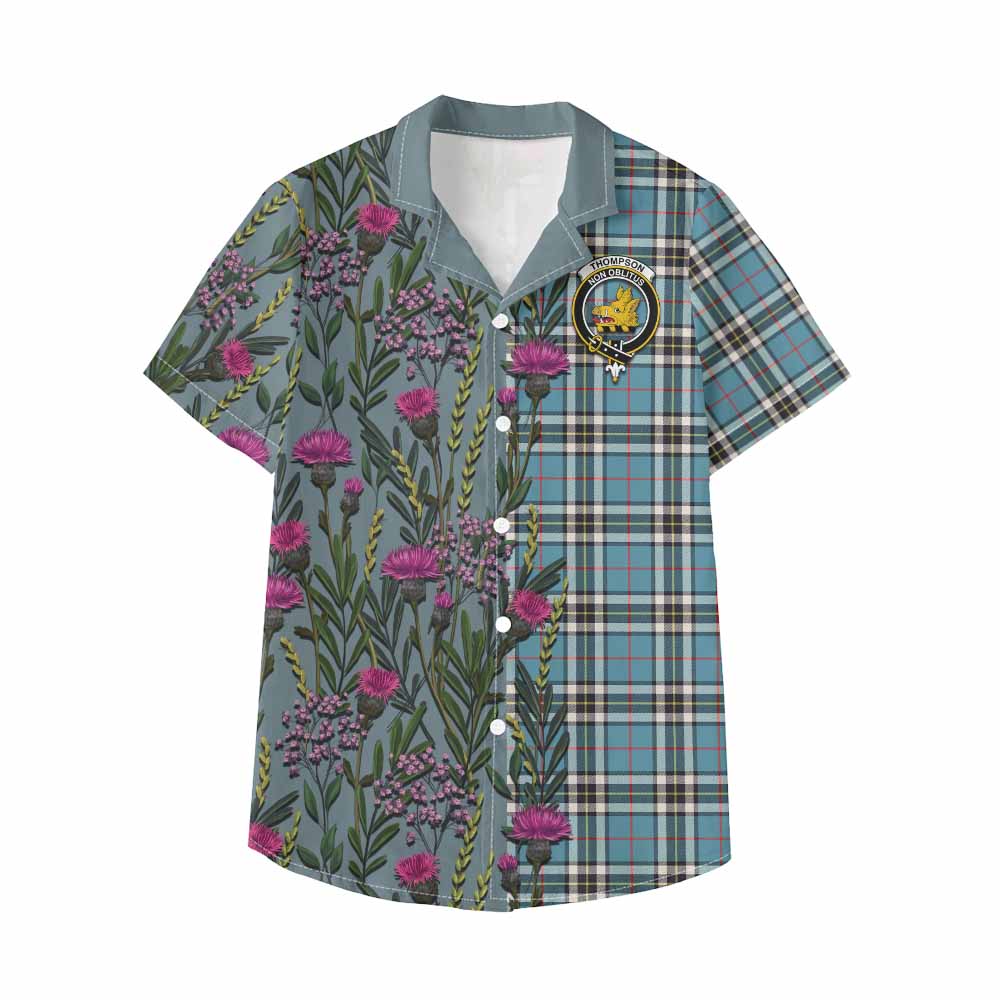 Thompson (Thomson) Family Crest Tartan Kid Hawaiian Shirt Scottish Thistle Flower Pattern Half Style - Tartan Vibes Clothing