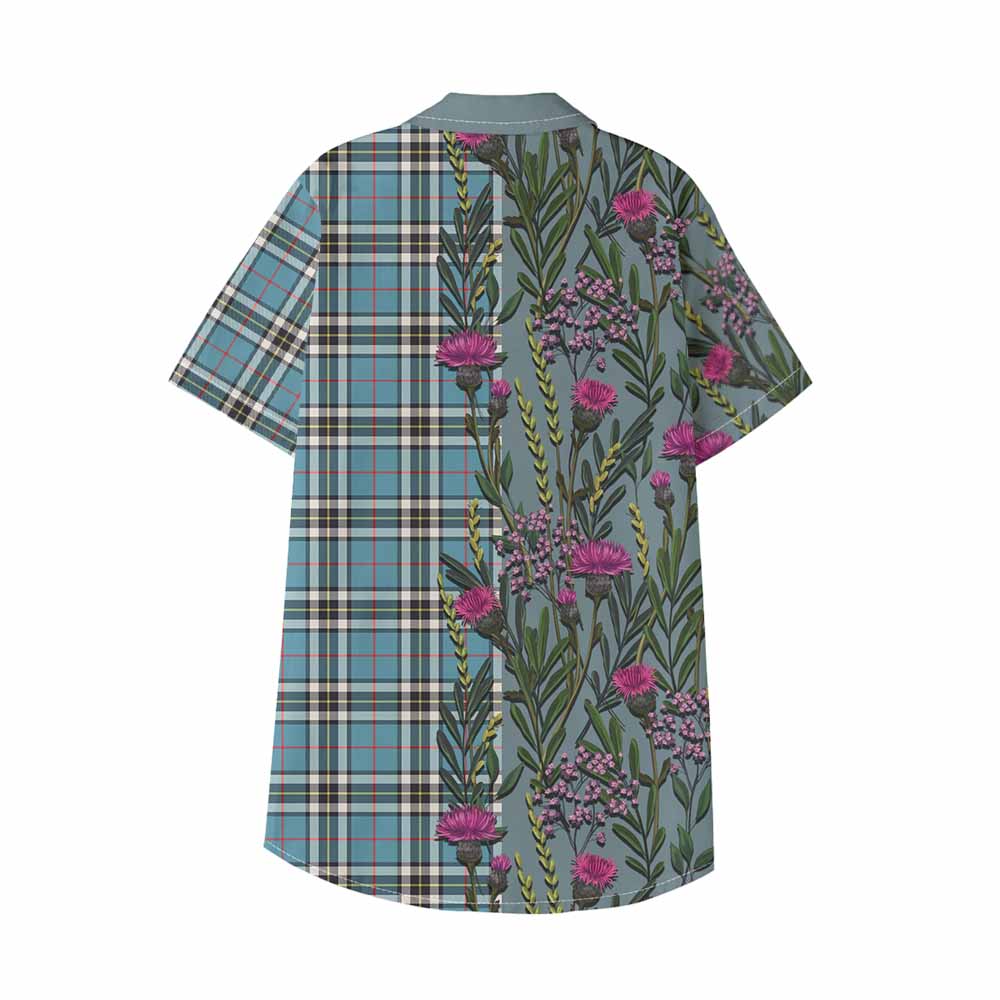 Thompson (Thomson) Family Crest Tartan Kid Hawaiian Shirt Scottish Thistle Flower Pattern Half Style - Tartan Vibes Clothing