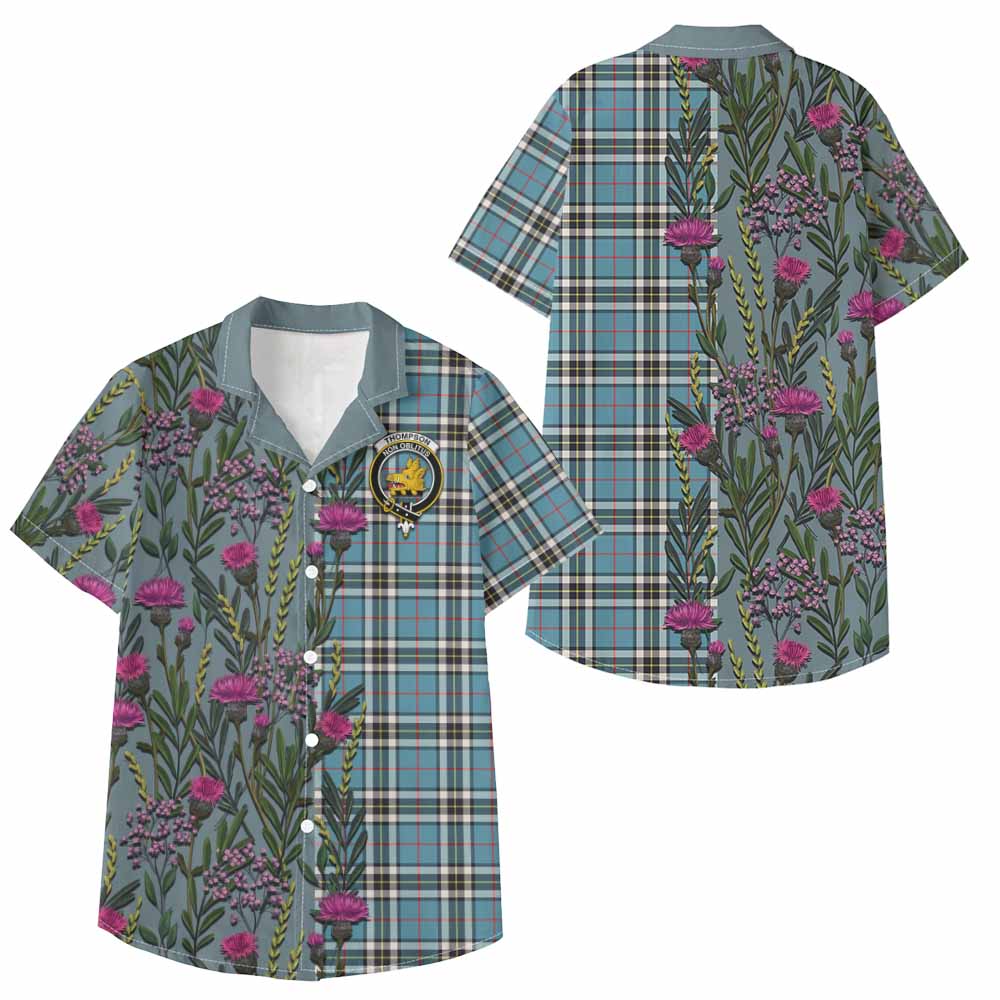 Thompson (Thomson) Family Crest Tartan Kid Hawaiian Shirt Scottish Thistle Flower Pattern Half Style - Tartan Vibes Clothing